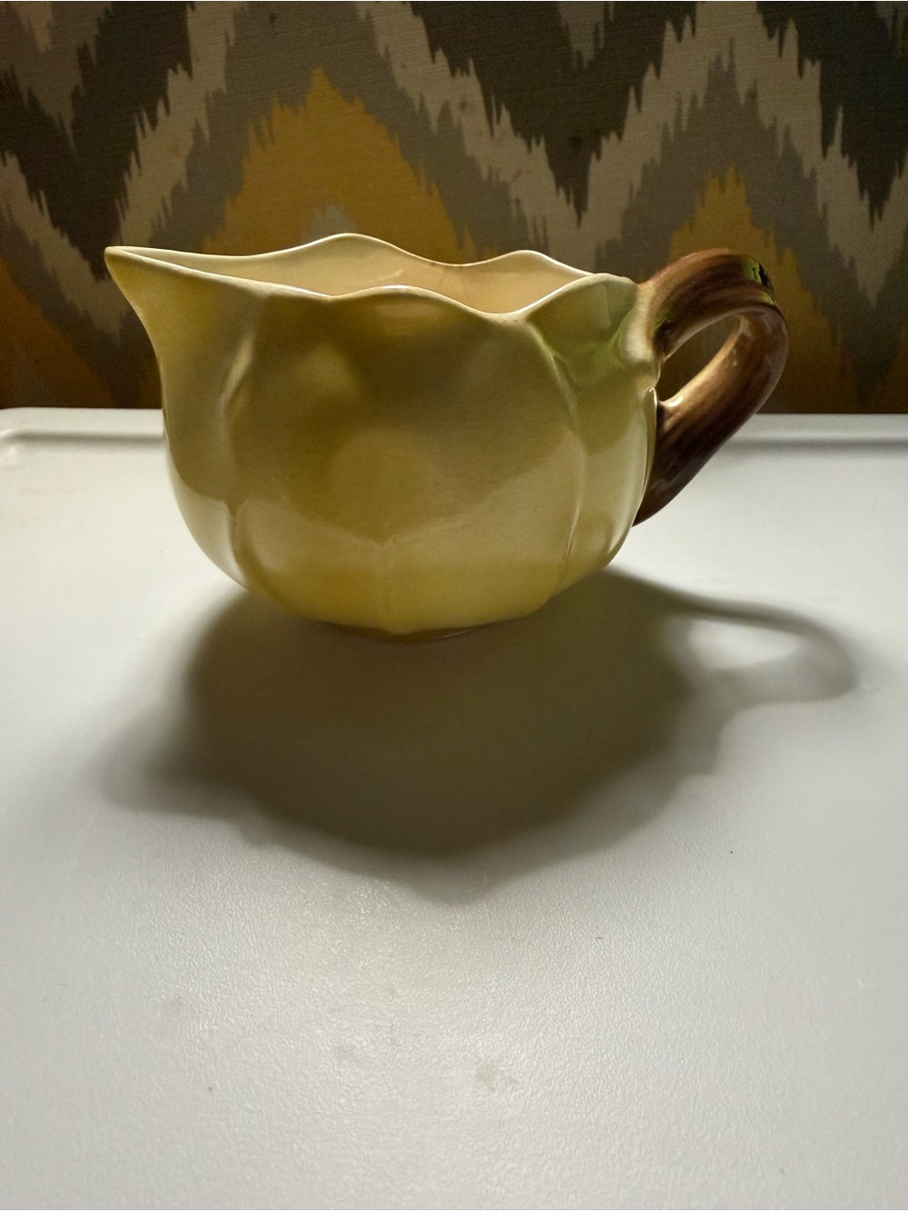 Royal Copley Yellow Ceramic Creamer Pitcher with Brown Handle